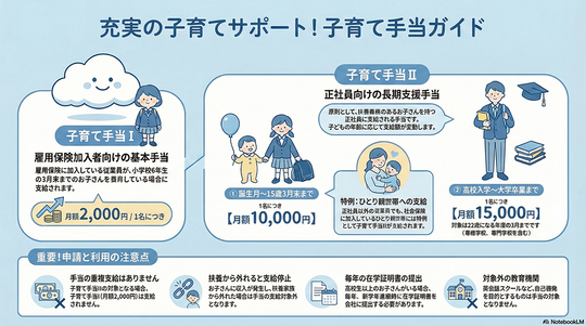 誕生から最長22歳までを支援する子育て手当の体系図。雇用保険加入者は小学校卒業まで月2,000円を支給。正社員または社会保険加入のひとり親世帯は、15歳まで月10,000円、高校・大学生等の期間は月15,000円に増額支給されます。浪人・留年期間も22歳までサポートし、健康保険の扶養内であることが条件です。